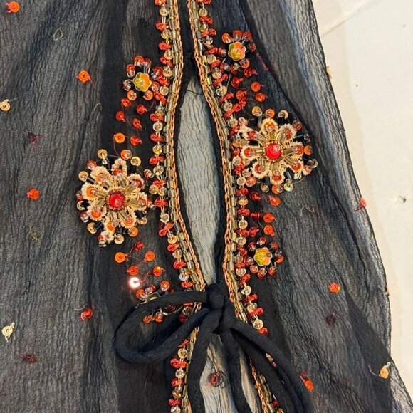 Vintage Beaded Sequined Sheer Tunic Top Size XL Black Multi Split‎ Tie Sleeves - Picture 7 of 14